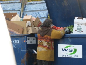 Kitsilano, Vancouver. Obdachloser sucht im Müllcontainer nach Lebensmitteln
